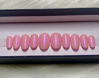 Chrome pink nails: natural press on nails, shiny nails, almond nails, short nails, long nails, gel nails, fake nails, acrylic nails