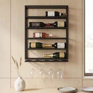 Metal Wall Mounted Wine Rack - Luxury Bottle Holder Organizer - Large Home Bar Stemware Decor