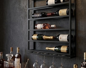 An der Wand befestigtes Weinregal aus Metall - Luxusflaschenhalter-Organisator - Großes Hausbar Stemware-Dekor