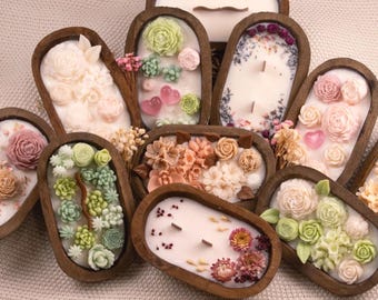 Velas rústicas en cuencos de madera con forma de flor, velas botánicas con flores, regalo para ella, regalo de cumpleaños.