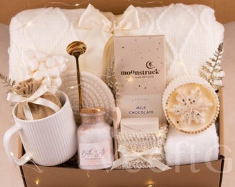 Caja de regalo navideña Hygge: Paquete acogedor de autocuidado para ella. Caja de regalo navideña acogedora para mujeres, set de relajación y cuidado personal tipo spa.
