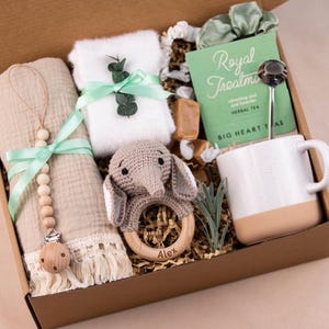New Mom Gift Box: Cozy Blanket, Crochet Bunny & Spa Treats BabySwaddleElephant