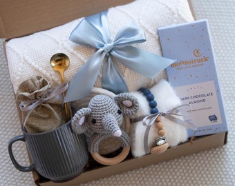 New Mom Gift Box: Knit Blanket, Crochet Elephant & Gourmet Chocolate