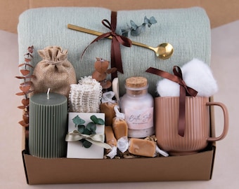 Caja de regalo para relajación en el spa, Abrazo en una caja, Caja de regalo para enviar abrazos, Kit de autocuidado para el spa con taza y vela.