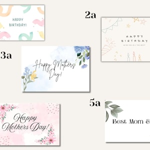 May include: A collection of five greeting cards with various designs. One card says "Happy Birthday!" with colorful shapes. Two cards say "Happy Mothers Day!" with floral accents. One card says "Best Mom Ever".