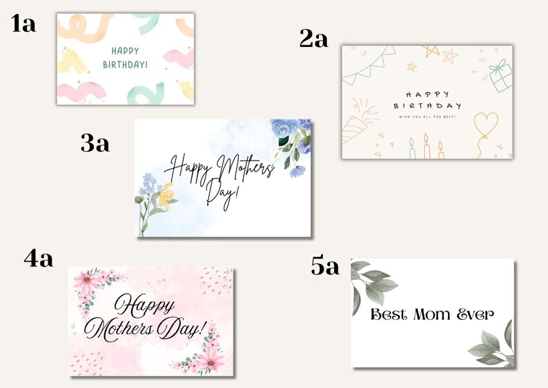 May include: A collection of five greeting cards with various designs. One card says "Happy Birthday!" with colorful shapes. Two cards say "Happy Mothers Day!" with floral accents. One card says "Best Mom Ever".