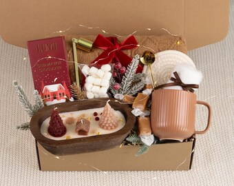 Holiday Gift Basket, Winter Hygge Gift Box, Christmas Gift Box for Friend: Blanket, Socks & Candle Self Care Package
