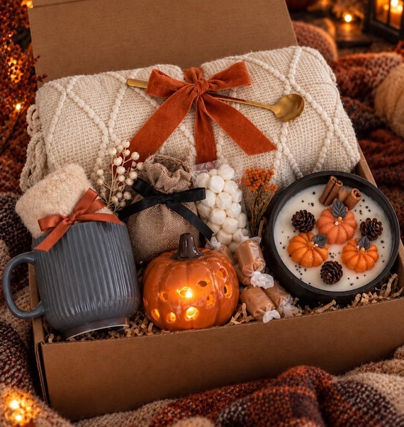 Pumpkin Fall Gift Box Care Package for Women Birthday Gift Box Cozy Care Package Hygge Gift Basket for Her Hug in a Box Get well Gift basket