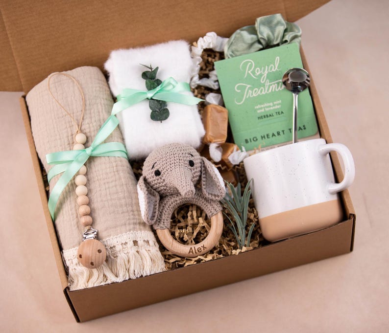 New Mom Gift Box: Cozy Blanket, Crochet Bunny & Spa Treats BabySwaddleElephant