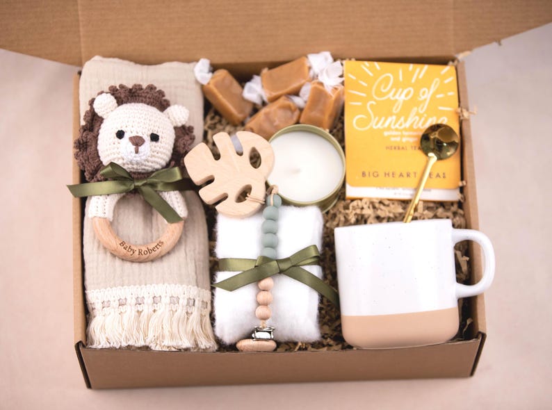 New Mom Gift Box: Cozy Blanket, Crochet Bunny & Spa Treats BabySwaddleLion
