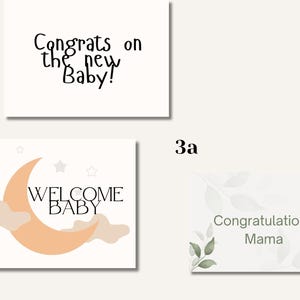 May include: Three baby-themed greeting cards. The first card says "Congrats on the new Baby!" in black script. The second card features a peach crescent moon, clouds, stars, and the words "Welcome Baby." The third card says "Congratulations Mama" with leaf accents.