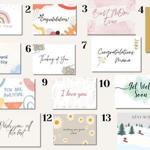 May include: A collection of greeting cards with various designs and messages. Cards include phrases like "Thank You," "Congratulations," "Best Mom Ever," "Best Dad Ever," "With Deepest Sympathy," "Thinking of You," "I Love You," and "Get Well Soon."