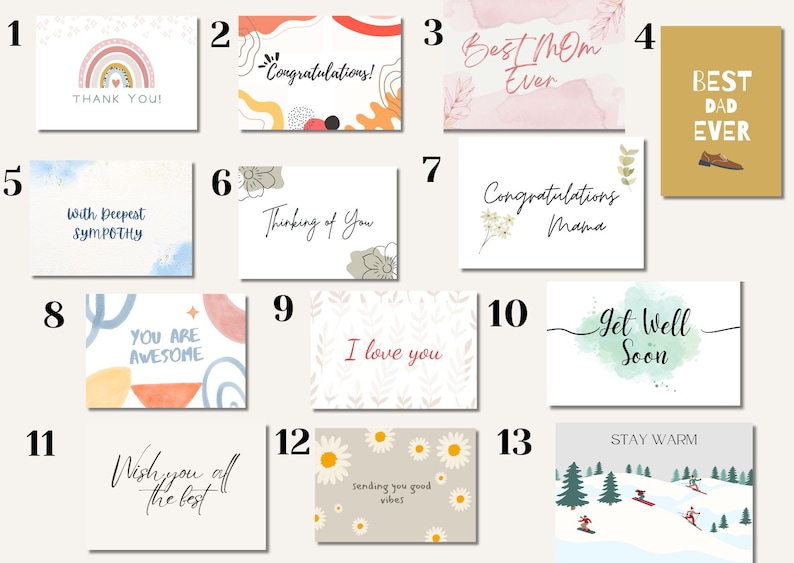 May include: A collection of greeting cards with various designs and messages. Cards include phrases like "Thank You," "Congratulations," "Best Mom Ever," "Best Dad Ever," "With Deepest Sympathy," "Thinking of You," "I Love You," and "Get Well Soon."