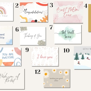 May include: Twelve different greeting cards with various designs and messages. The cards feature a variety of colours, patterns, and illustrations, including rainbows, flowers, and abstract shapes. The messages include "Thank You!" "Congratulations!" "Best Mom Ever" "Best Dad Ever" "With Deepest Sympathy" "Thinking of You" "Get Well Soon" "You Are Awesome" "I Love You" "Wish You All The Best" "Sending You Good Vibes" and "Stay Warm".