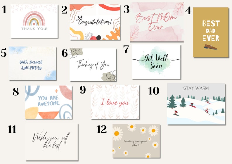 May include: Twelve different greeting cards with various designs and messages. The cards feature a variety of colours, patterns, and illustrations, including rainbows, flowers, and abstract shapes. The messages include "Thank You!" "Congratulations!" "Best Mom Ever" "Best Dad Ever" "With Deepest Sympathy" "Thinking of You" "Get Well Soon" "You Are Awesome" "I Love You" "Wish You All The Best" "Sending You Good Vibes" and "Stay Warm".
