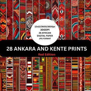 Könnte beinhalten: Ein digitales Papierpaket mit 28 verschiedenen roten, schwarzen, gelben und grünen afrikanischen Ankara- und Kente-Mustern. Die Muster sind in einem Raster angeordnet. 12x12/3600/3600px 300DPI 28 Afrikanische digitale Papiere JPG-Format.