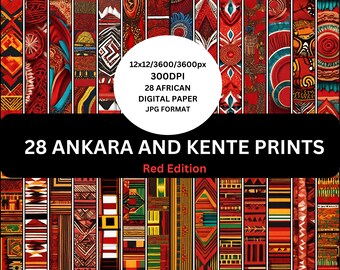 African Ankara Kente Digital Paper, Red Prints (Digital Download)