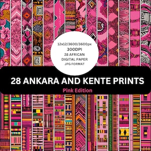 May include: A set of 28 digital papers featuring pink and black Ankara and Kente prints. The prints are in a variety of geometric patterns and designs. 30.5cm x 30.5cm, 300 DPI, JPG format.