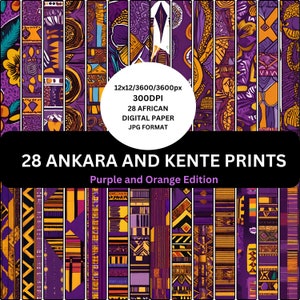 May include: A set of 28 digital papers featuring vibrant purple and orange African Ankara and Kente prints. The prints are in a variety of geometric patterns and designs. 12x12 inches, 300 DPI, JPG format.