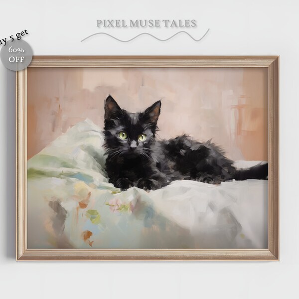 Black Kitten Vintage Oil Painting Antique Cat Artwork Muted Colors Print Gift For Cat Owners Digital Instant Download