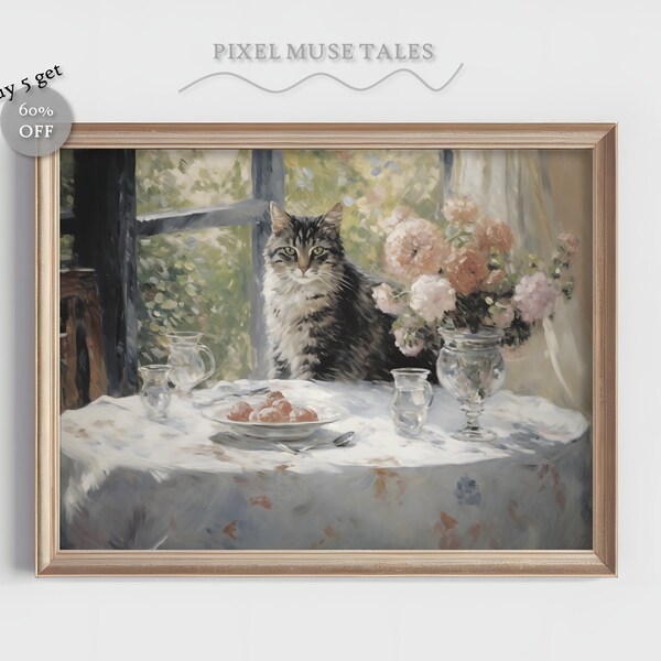 Majestic Cat Blooming Flowers Impressionistic Cat Art Dining Room Decor Cat Painting Animal Lovers Gift Digital Art Print