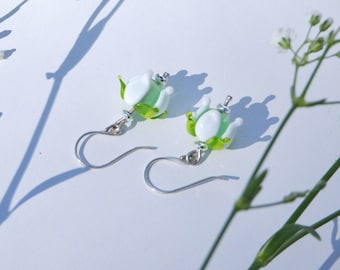 Lily of the Valley Earrings, glass bead earrings, lily of the valley jewelry, cottagecore jewelry, fairycore earrings, floral jewelry