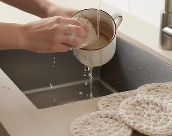 May include: A person washing a white ceramic mug with a beige crocheted sponge under running water in a stainless steel sink. Several beige crocheted coasters are on the counter.