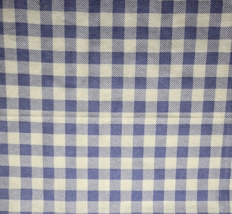 May include: A close-up of a fabric with a blue and white checkered pattern. The squares are evenly sized and arranged in a grid. The fabric has a slightly textured appearance, suggesting it might be cotton or linen.