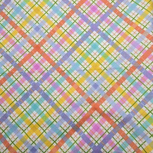 May include: A colorful plaid fabric with a repeating pattern of intersecting lines. The design features a mix of pastel colors, including orange, yellow, green, blue, pink, and purple, creating a vibrant and cheerful aesthetic. The fabric has a white background.
