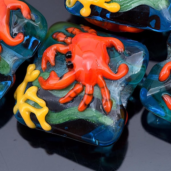 Four Grace Lampwork Beads - Red Crab Pillow Handmade Glass Beads - 10416114