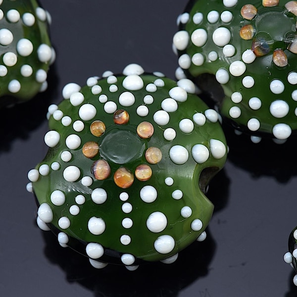 Four Grace Lampwork Beads - Green Sea Urchin Lentil Handmade Glass Beads 10509112