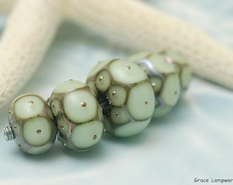Moss Green Lampwork Glass Beads: Handmade Rondelle Beads with Metal Dots - 10504911
