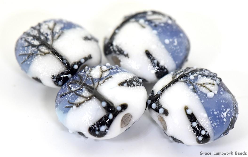 Four Grace Lampwork Beads - Snow Night Lentil Handmade Glass Beads - 10415912