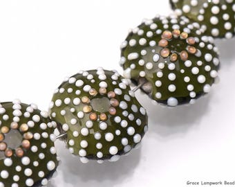 Four Grace Lampwork Beads - Green Sea Urchin Lentil Handmade Glass Beads 10509112