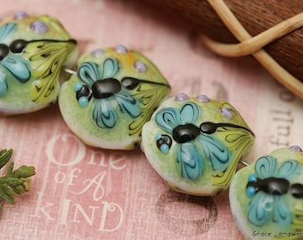 Four Grace Lampwork Beads - Blue Dragonfly Lentil Handmade Glass Beads 10504612