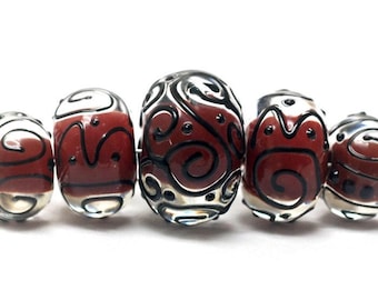 Red Core Lampwork Glass Beads: Black Swirl Rondelle Set -  10702711