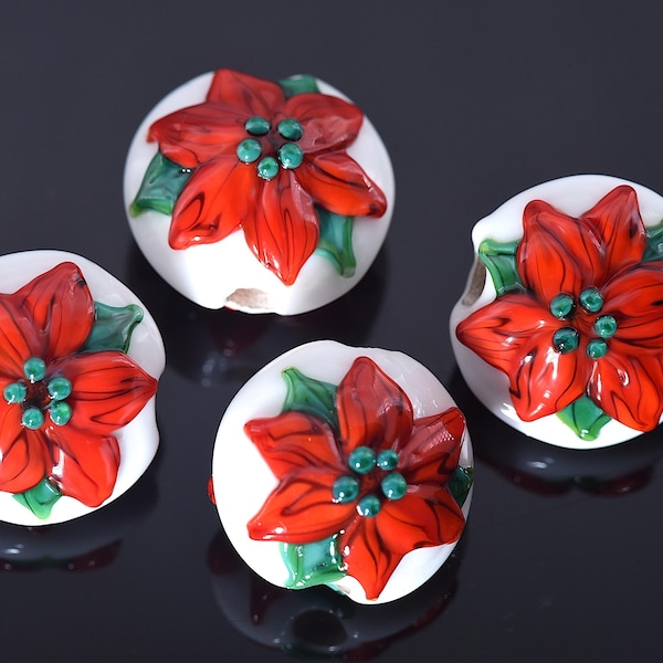 Four Grace Lampwork Beads - Red Poinsettia Christmas Lentil Handmade Glass Beads - 10707812