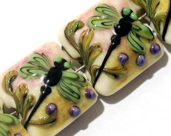 Four Grace Lampwork Beads - Green Dragonfly Pillow Handmade Glass Beads 11005914