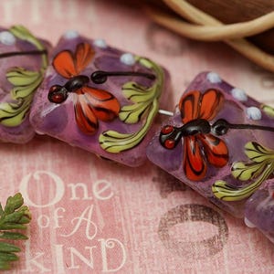 Four Grace Lampwork Beads - Red Dragonfly/Violet Garden Pillow Beads - 10603114