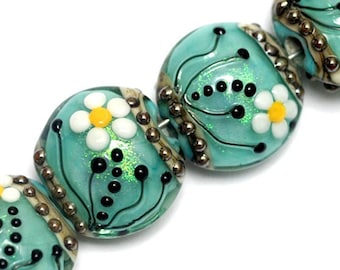Four Dichroic Grace Lampwork Beads - Seafoam Florals Lentil Handmade Glass Beads -10508512