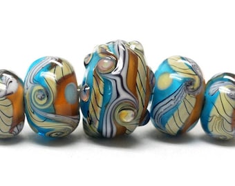 Five Graduated Grace Lampwork Beads - Aqua w/Light Brown Rondelle Handmade Glass Beads - 10405511