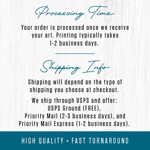 May include: Text on a woodgrain background with the words "Processing Time" and "Shipping Info". The text explains that orders are processed once artwork is received and that printing typically takes 1-2 business days. The text also explains that shipping depends on the type of shipping chosen at checkout and that the seller ships through USPS and offers USPS Ground (FREE), Priority Mail (2-3 business days), and Priority Mail Express (1-2 business days). The text also includes the phrase "HIGH QUALITY FAST TURNAROUND".
