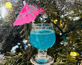 Handcrafted Blue Hawaii Cocktail Glass Christmas Ornament - Tropical Bar Decor