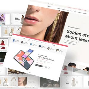 May include: A website mockup showing product pages for jewellery and electronics. The main page displays the text "Golden stories about jewelry." Other pages showcase items like headphones, tablets, and smartphones. The overall theme is e-commerce.