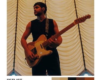May include: A musician performs on stage with a guitar. The setlist for the show includes songs like "Nice to Meet Ya", "Small Talk", "On a Night Like Tonight", "On the Loose", "The Show", "Seeing Blind", "Save My Life", "Black and White", "Put a Little Love on Me", and "This Town". The show is titled "Niall Horan: The Show Live on Tour" and the date is June 25th, 2024.