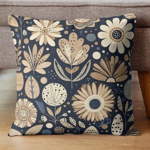 Navy Blue Tan Whimsical Pillow Case for Family Room Home Decor for Living Room Sofa Throw Pillow Case Cover Sizes 14x14 16x16 18x18 20x20