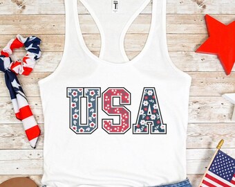 Damski patriotyczny top typu racerback na 4 lipca Top w kolorze czerwono-biało-niebieskim USA Floral Tank Top na Dzień Niepodległości 4 lipca T-shirt dla nastolatków