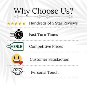 Op de afbeelding: Witte afbeelding met de tekst "Why Choose Us?" en pictogrammen die voordelen voor de klant weergeven. Bevat tekst voor "Hundreds of 5 Star Reviews", "Fast Turn Times", "Competitive Prices", "Customer Satisfaction" en "Personal Touch".