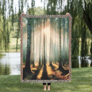 Cozy Woven Blanket with Birch Tree Forest Rustic Throw Home Décor Gift for Her Living Room Accessory Warm Blanket for Bedroom Cabin