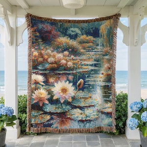 Lily Pads & Flowers Woven Blanket Botanical Home Decor Floral Throw Blanket Cozy Couch Accent Nature Lover 100% Cotton Blanket Gift Tapestry